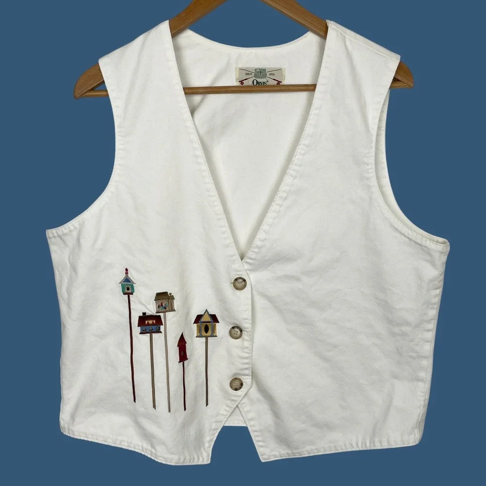 Vintage Embroidered Birdhouse V Neck Button Vest Womens L Made‎ in USA Americana
